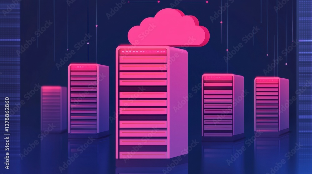 Poster a futuristic depiction of server racks with a cloud symbol, representing cloud computing and data st