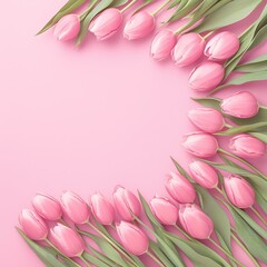 "Beautiful pink tulips arranged elegantly on a soft pastel pink background, top view, perfect for celebrating Happy Women's Day, spring season, floral themes, and feminine concepts. Ideal for greeting