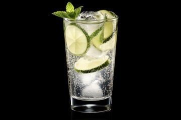 Refreshing cucumber lime beverage in a tall glass, sparkling, garnished with fresh mint sprigs and lime wedges, served over ice cubes against a black background, showcasing the drink's clarity and