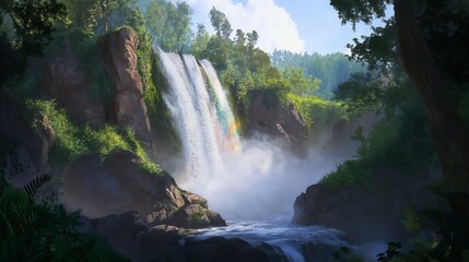 Fototapeta premium Lush waterfall cascading into a river, surrounded by vibrant greenery, serene landscape, dreamy atmosphere, copy space