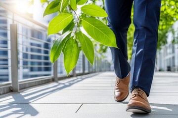 Blurred background of people walking in a modern office building with green trees and sunlight , eco friendly and ecological responsible business concept