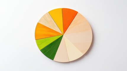 Fototapeta premium A colorful wooden pie chart divided into segments of various hues, showcasing vibrant orange, yellow, and green shades against a white background.