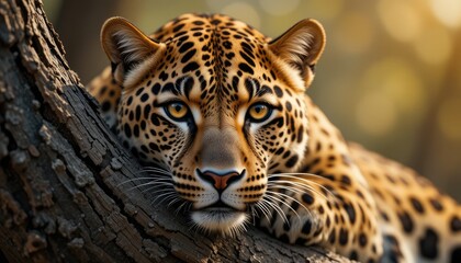 Fototapeta premium Leopard Resting on Tree Branch in Golden Light