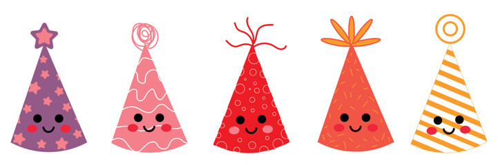 Colorful Party Hats with Smiley Faces in Cartoon Style