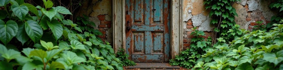 Distressed wooden door with overgrown vegetation , architecture, vegetation