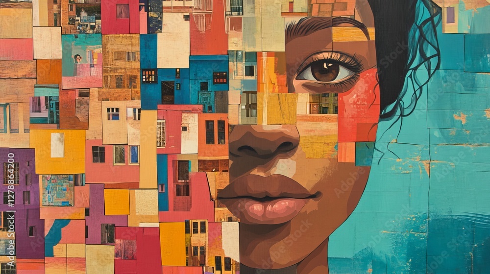 Poster artistic portrait blending human features with colorful abstract architecture background