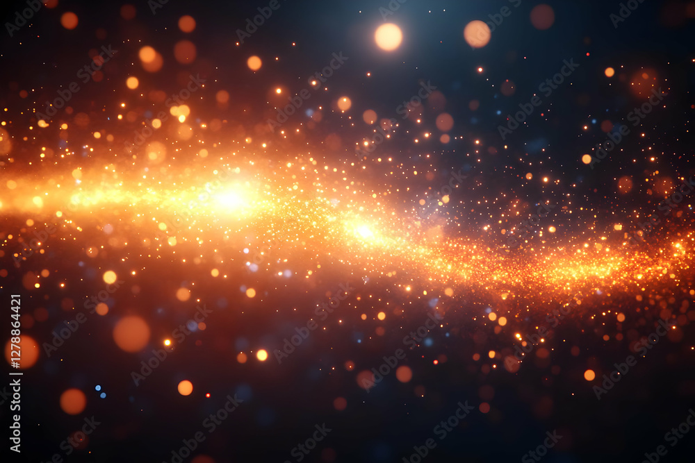 Poster abstract orange and blue sparkling particles background with bokeh effect and glowing light