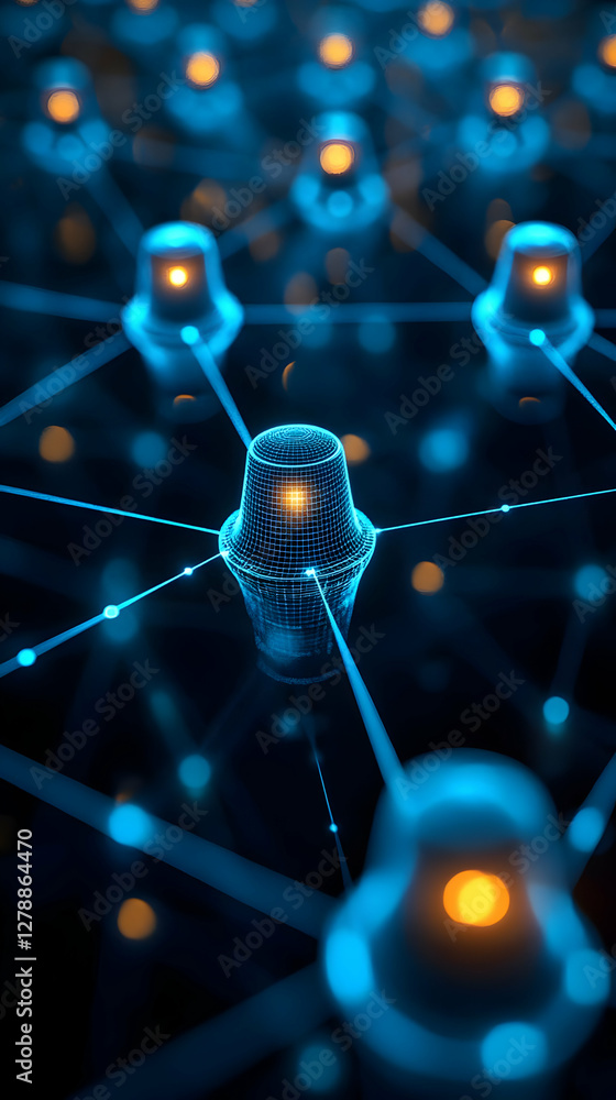 Poster abstract network of interconnected blue nodes and glowing orange connection points