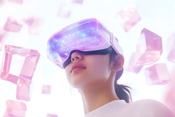 Excite white woman playing online game with vr glasses and controllers.Woman is using virtual reality headset.Excited man wearing VR glasses.selective focus of multiethnic students using vr headsset.