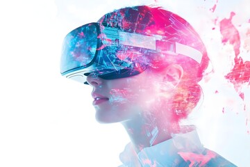 Excite white woman playing online game with vr glasses and controllers.Woman is using virtual reality headset.Excited man wearing VR glasses.selective focus of multiethnic students using vr headsset.