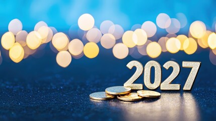 A glittery "2027" stands on a dark surface next to stacks of coins, surrounded by a dreamy bokeh background.