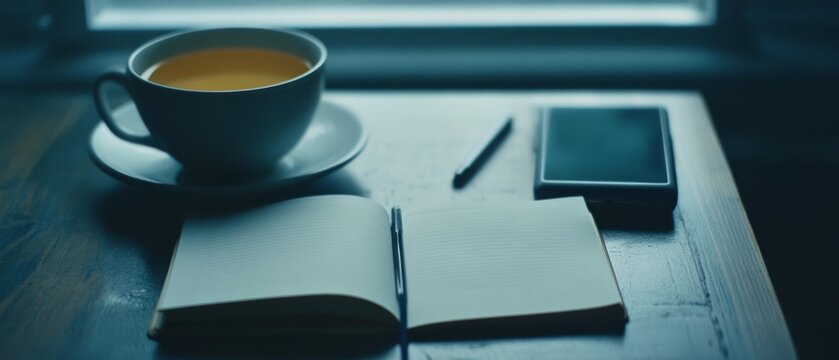 A cup of tea, an open notebook, and a smartphone are neatly arranged on a table by a window, suggesting a tranquil and reflective morning scene.