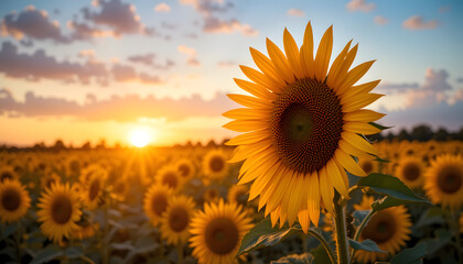 Fototapeta premium Sunflower Blooming in Sunlit Field - Evening Sunlight - Tranquil Nature Photography