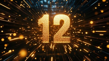 Golden number twelve illuminated with sparkles in a dark, dynamic background, emphasizing celebration and excitement of a countdown, 3d illustration.