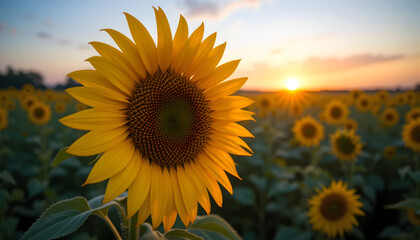 Obraz premium Close-Up Sunflower in Sunlit Field - Stunning Sunset Background - Nature's Beauty