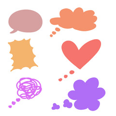 Set of comic speech bubbles with various designs and symbols for communication, including heart, cloud, and thought elements.