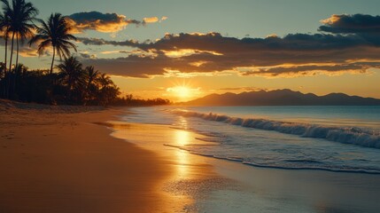 A stunning sunset over a beach, framed by palm trees and gentle waves, creating a serene and picturesque tropical atmosphere.