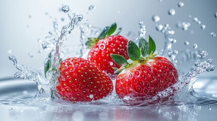 Fresh strawberries levitating with dynamic water splashes surrounding them, set against a light grey background, isolated with copy space.