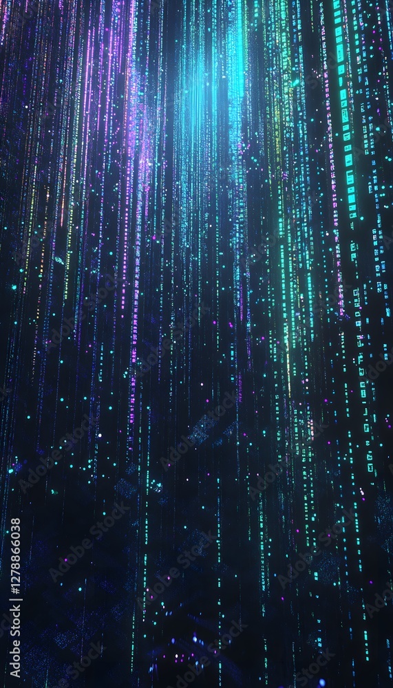 Poster data streams vertically descend in digital rain of neon colors
