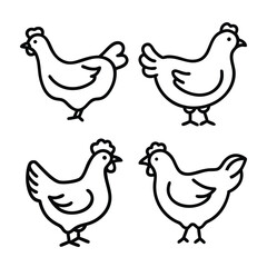Four simple line art illustrations of chickens.