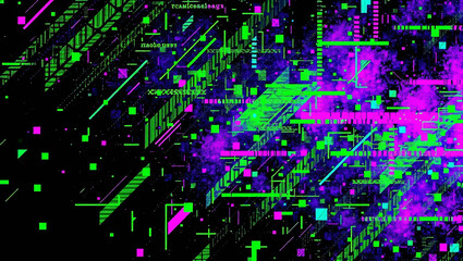 A dynamic abstract background featuring glitchy digital distortions, ideal for gaming, tech visuals, and cyberpunk aesthetics.