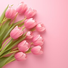 "Beautiful pink tulips arranged elegantly on a soft pastel pink background, top view, perfect for celebrating Happy Women's Day, spring season, floral themes, and feminine concepts. Ideal for greeting