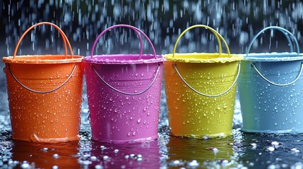 Vibrant colorful buckets collected in the rain, displaying various shades and textures