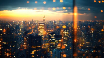 Obraz premium Aerial view of a vibrant city illuminated at night, showcasing glistening raindrops on the window, creating a captivating urban atmosphere.