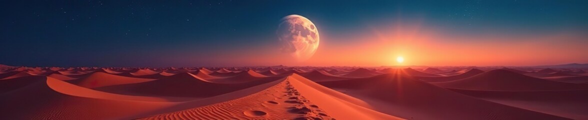 Sand dunes stretching towards the moon's horizon, atmosphere, earth, sky