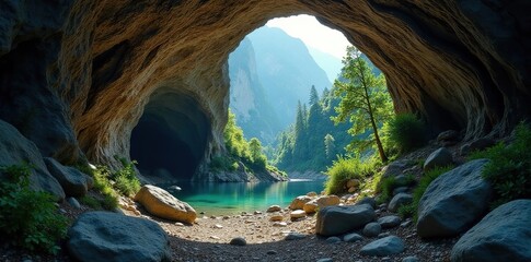 Secluded cave nestled between rugged mountains and trees, isolation,