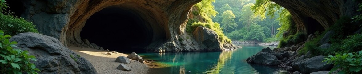 Secluded cave nestled between rugged mountains and trees, seclusion, hideaway, isolation