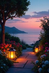 Seaside garden at dusk with a warm orange light, lanterns, plants, flowers