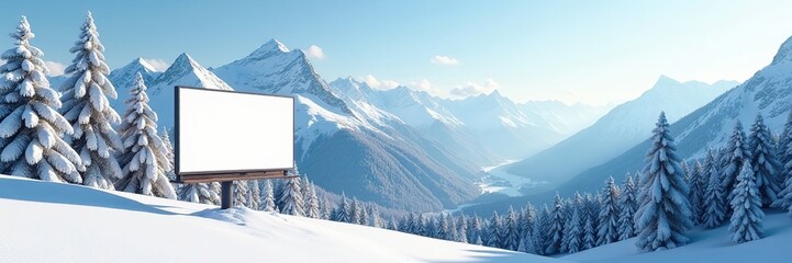 Serene mountain landscape with a blank billboard amidst snow-covered trees, snow-covered trees, vastness, mountain landscape