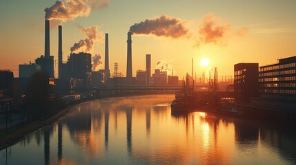 Naklejka premium Arafed factory featuring prominent smoke stacks with a river flowing in the foreground, showcasing industrial activity and natural elements.