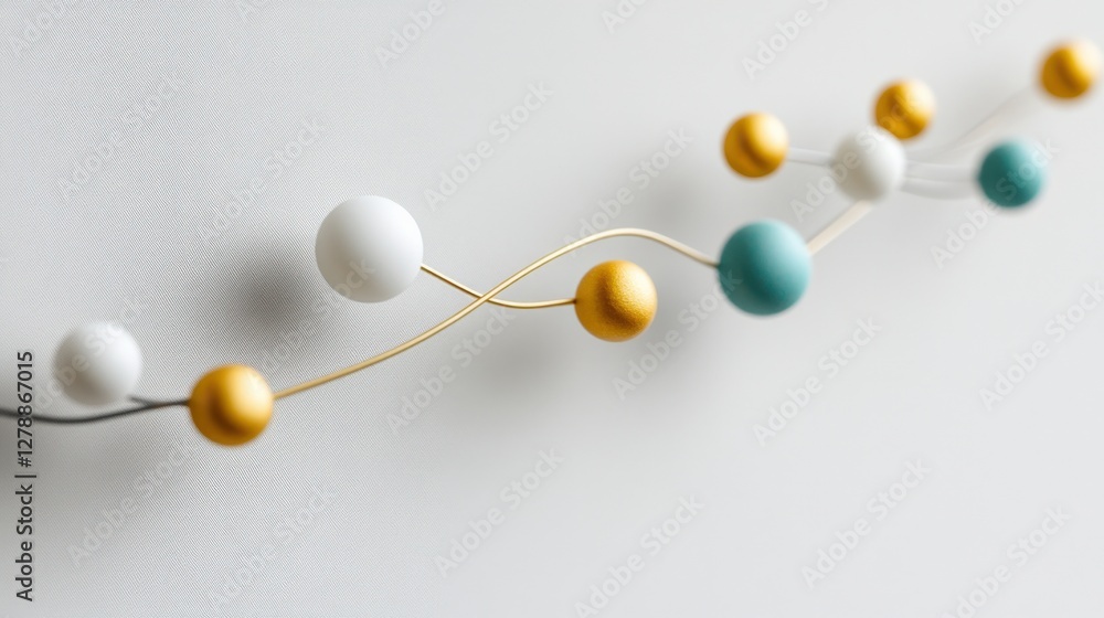 Poster abstract representation of molecular structure with colorful spheres on a white background