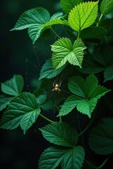 Shaded foliage with intricate webbing and veins in shades of green on a dark background, entangled, spider silk