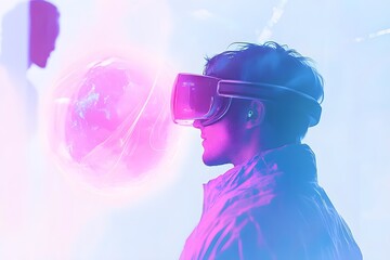 Young man using virtual reality headset. VR, future, gadgets, technology concept. VR, glasses and engineering man on tablet for futuristic research, electronics management or software design. 