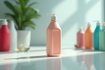 Shampoo bottle on the floor with scattered bottles nearby, white, cluttered, empty