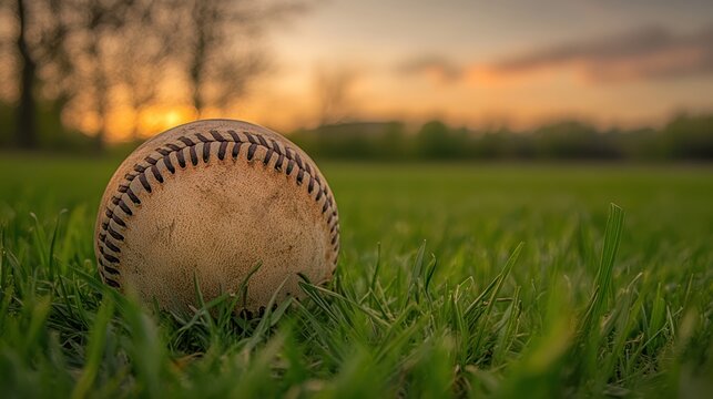 A worn baseball rests on green grass illuminated by a warm sunset, capturing a serene moment of nature and sports in harmony.