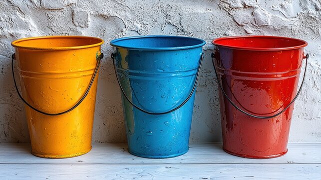 Three colorful buckets arranged neatly on a bright white table surface