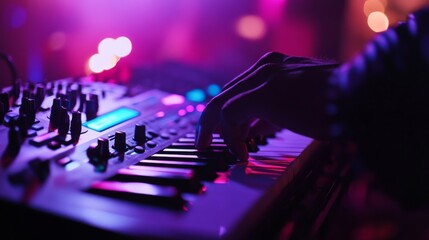 Close-up of a musician's hand playing a synthesizer at a vibrant live music event with colorful lights