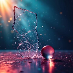 Shattered glass with a small hole from a ball rolling on it, shattered glass, fragments