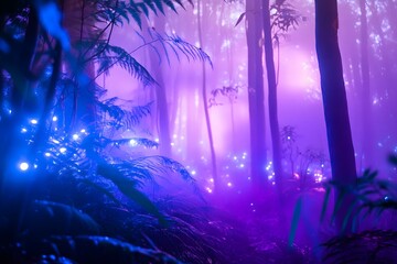 Magical Forest Trail at Night with Glowing Lights and Purple Mist