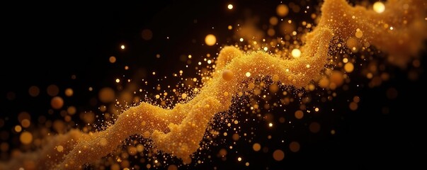 Shimmering gold dust particles suspended in mid-air against a dark background, dust, particles