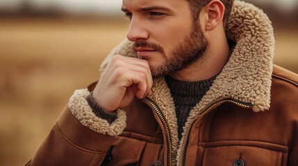 Arafed man with a beard, wearing a jacket, gazing into the distance, exuding a thoughtful and introspective demeanor.