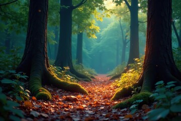 Shimmering forest floor with sparkly leaves and glowing tree bark, glowing foliage, radiant nature