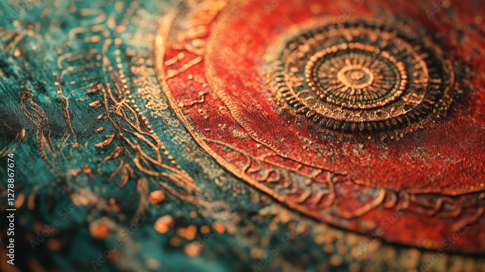 Poster close-up of an intricately designed circular pattern with vibrant colors and textures
