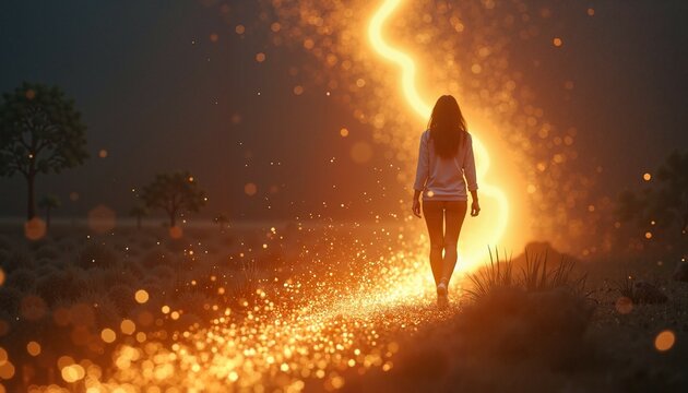Woman walking with golden light trail, symbolizing progress and transformation
