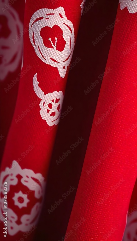 Aufkleber generative ai red and white fabric with repeating floral patterns, traditional design elements, soft