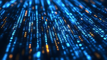Blue and Orange Digital Binary Code with Glowing Light Effects